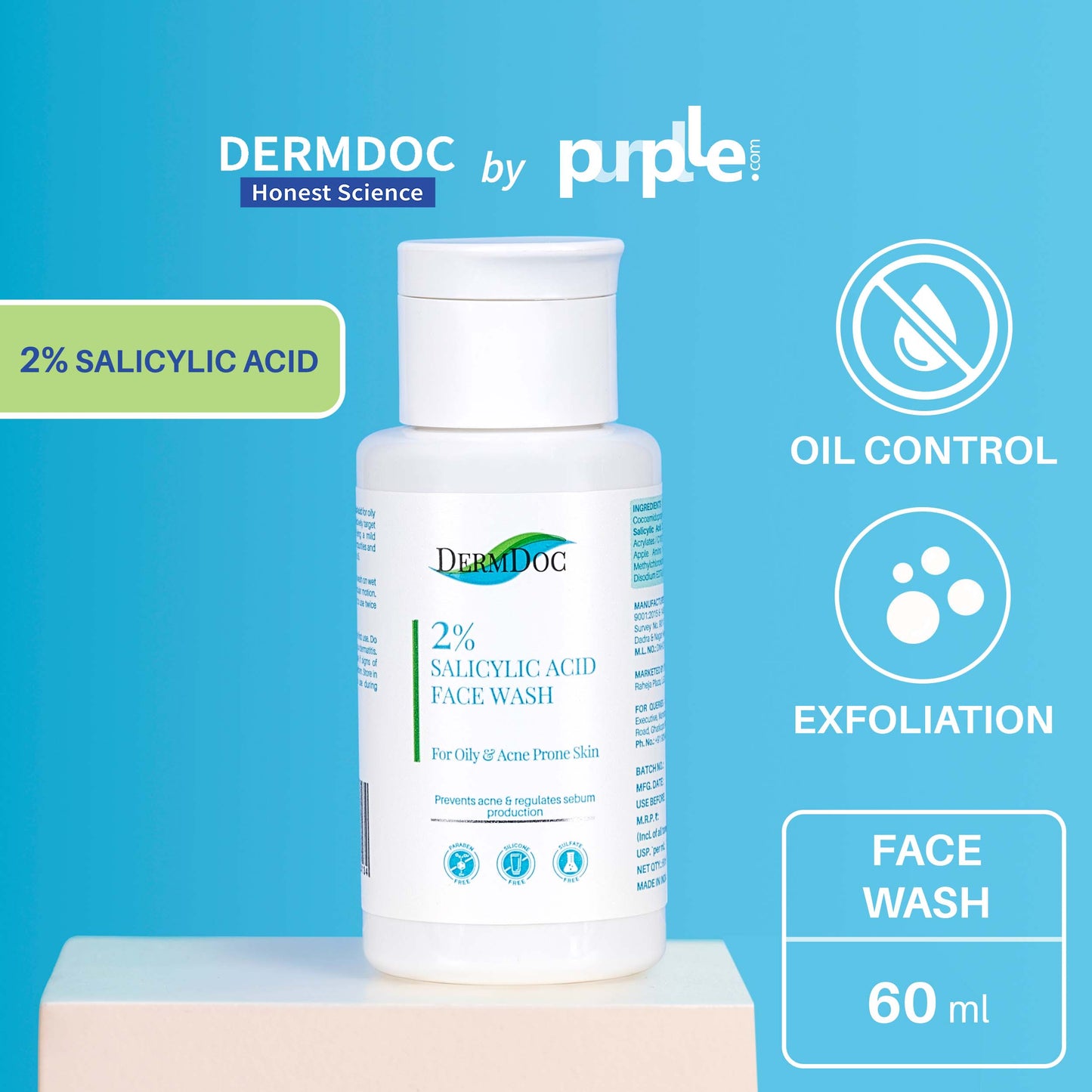 DermDoc 2% Salicylic Acid Anti Acne Face Wash For Clear & Acne Free Skin (60ml)
