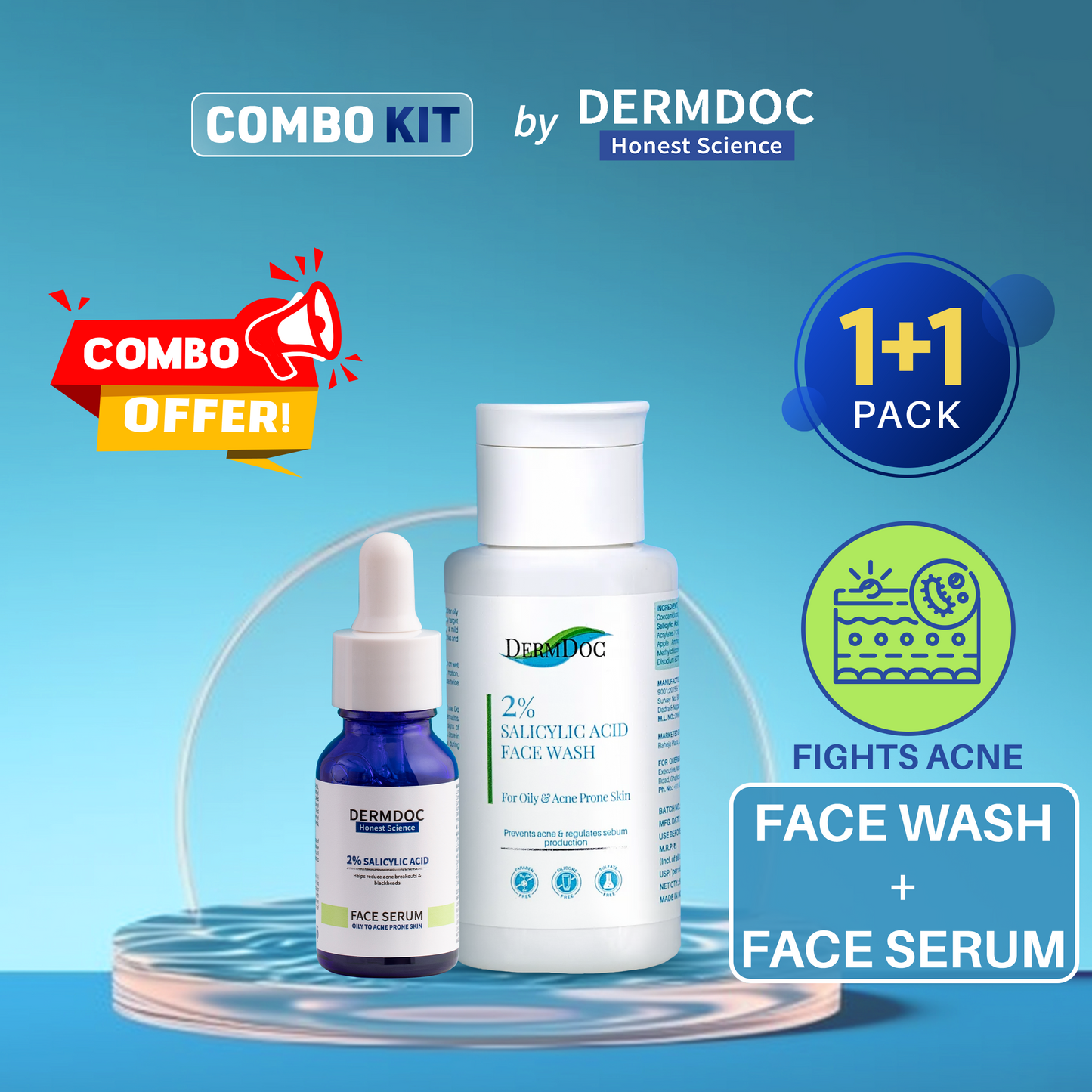 DERMDOC Goodbye Acne Combo | Salicylic Acid Face Serum (15 ml)| Salicylic acid face wash (60 ml)
