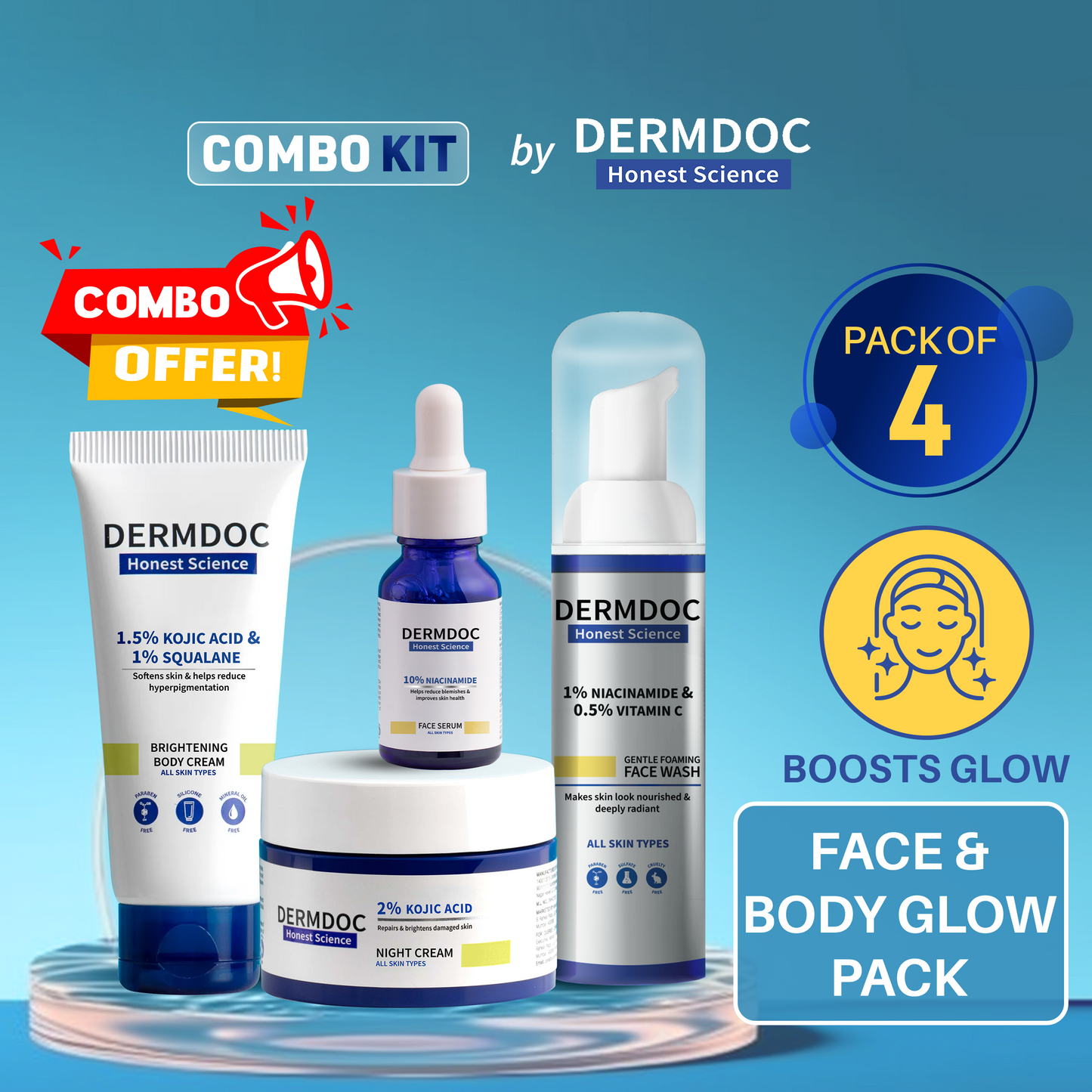 DERMDOC Combo Kit for Face & Body Glow | niacinamide serum, brightening face wash, brightening body cream, kojic acid night cream | pack of 4 | festive glow kit