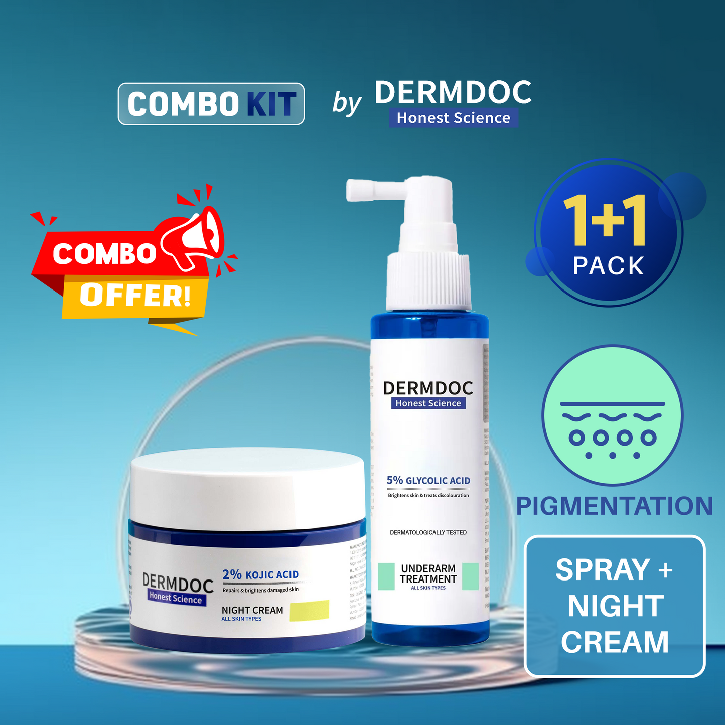 DERMDOC Combo Kit Brighten Up Combo | kojic acid night cream | glycolic acid underarm spray | treatment for dark underarms, dark patches | hyperpigmentation | dark spots | skin brightening cream
