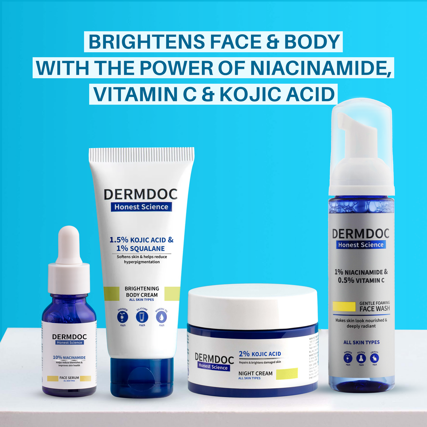 DERMDOC Combo Kit for Face & Body Glow | niacinamide serum, brightening face wash, brightening body cream, kojic acid night cream | pack of 4 | festive glow kit