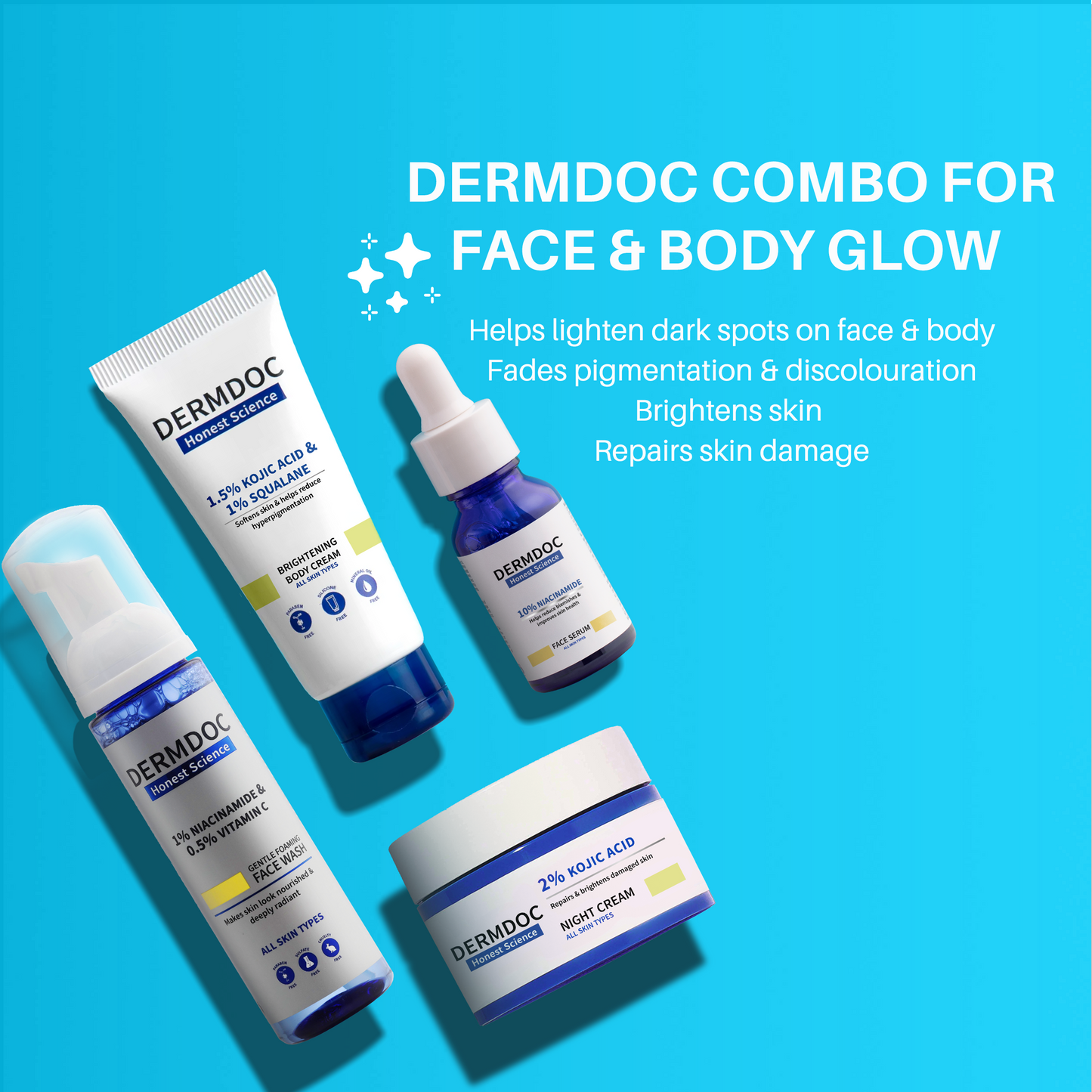 DERMDOC Combo Kit for Face & Body Glow | niacinamide serum, brightening face wash, brightening body cream, kojic acid night cream | pack of 4 | festive glow kit