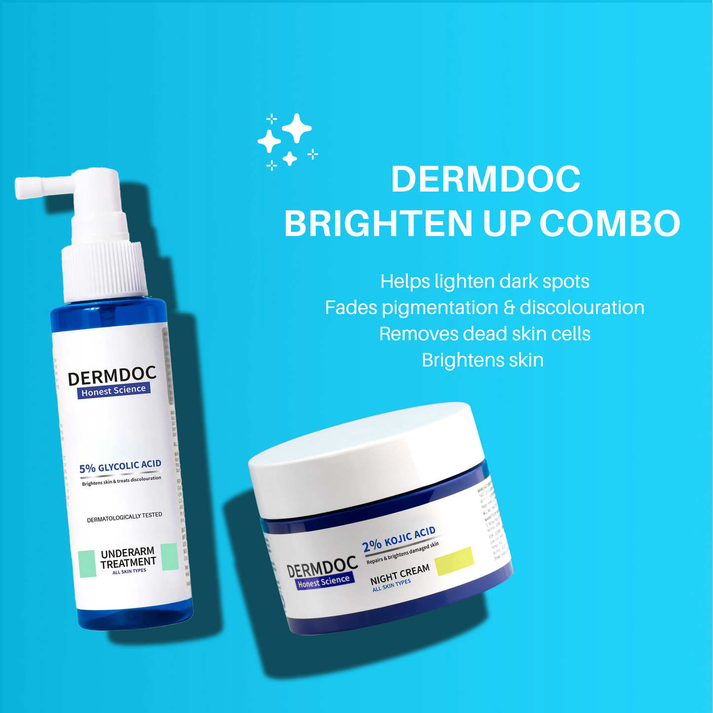 DERMDOC Combo Kit Brighten Up Combo | kojic acid night cream | glycolic acid underarm spray | treatment for dark underarms, dark patches | hyperpigmentation | dark spots | skin brightening cream