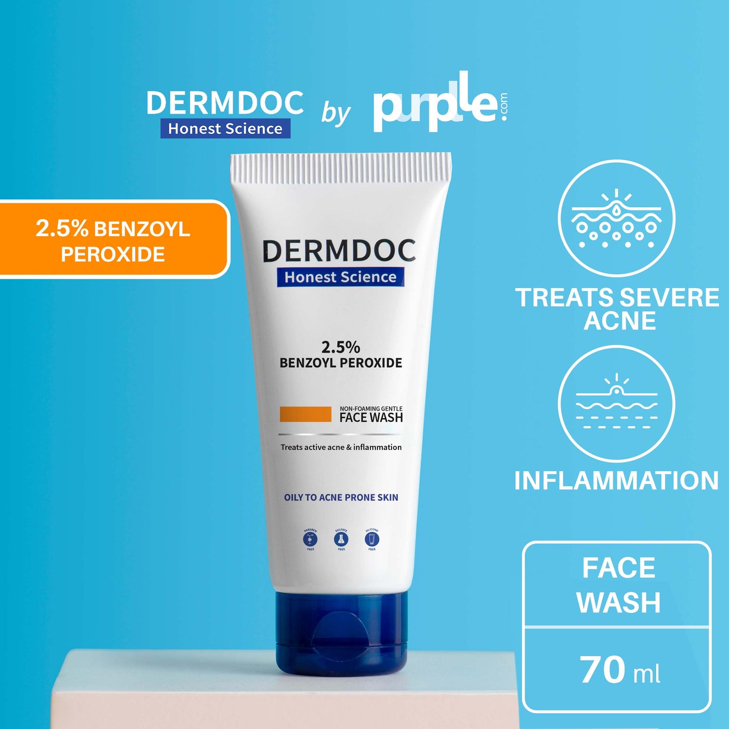 DermDoc 2.5% Benzoyl Peroxide Gentle Non Foaming Face Wash For Severe Acne (70ml)
