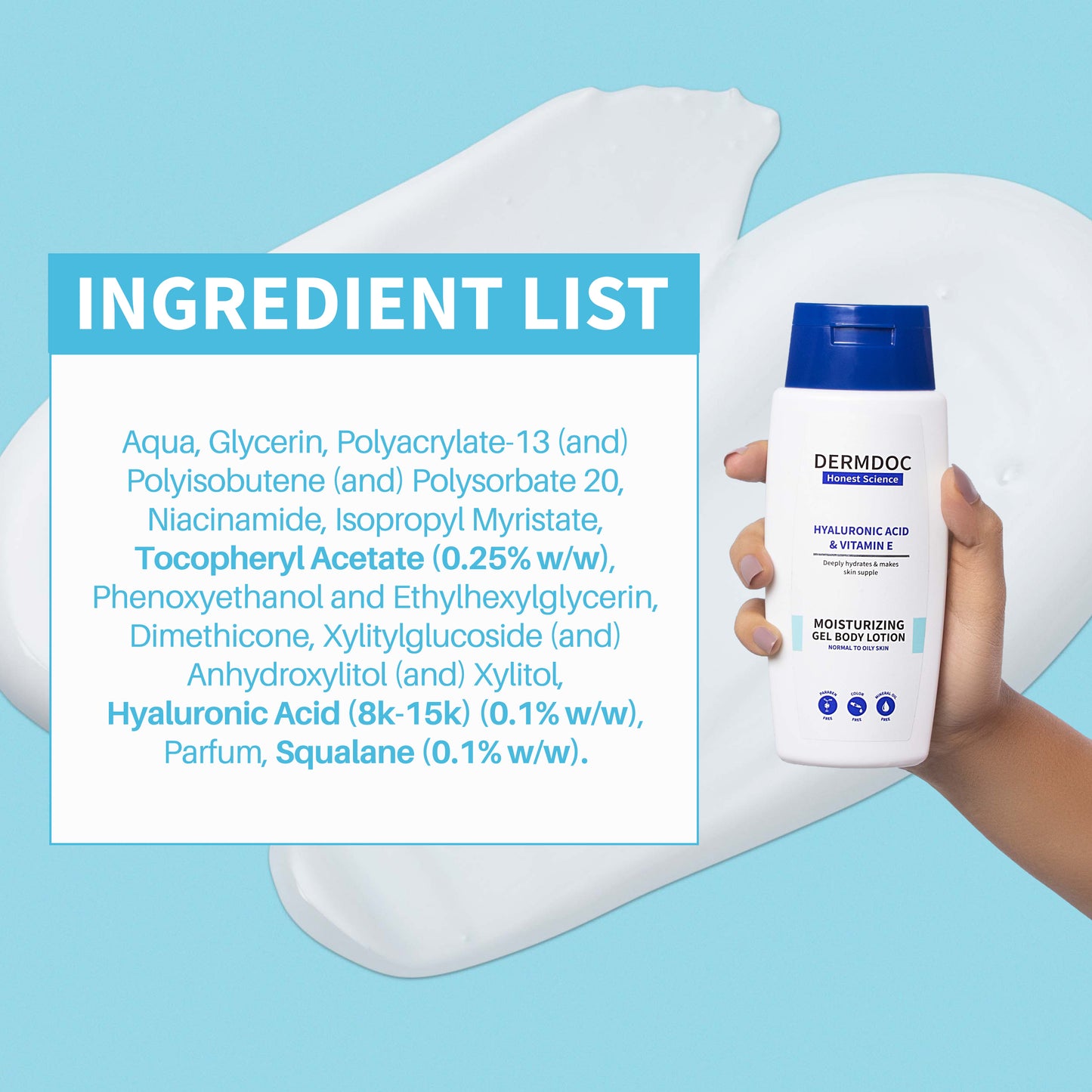DermDoc Hyaluronic Acid & Vitamin E Gel Body Lotion For Hydration & Moisturization (200ml)