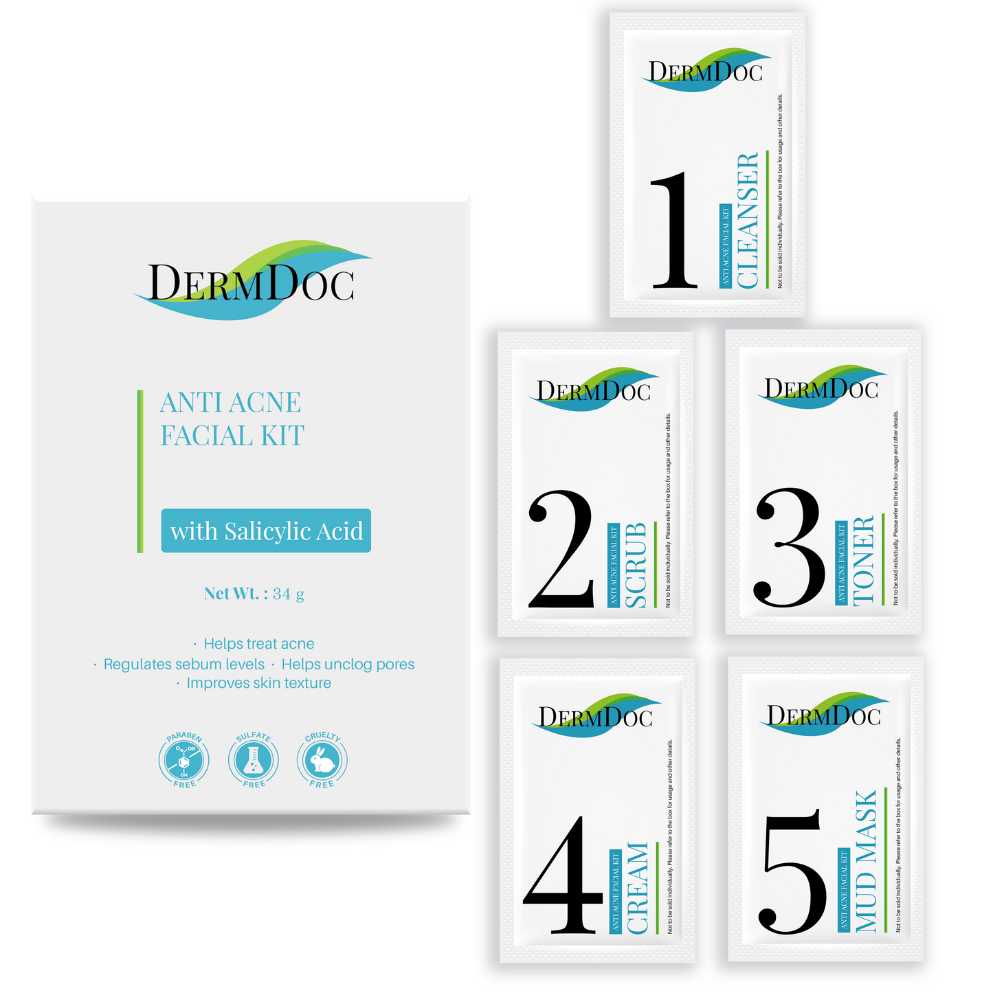 DermDoc Anti Acne Facial Kit with Salicylic Acid For Clear & Acne Free Skin (34 g)