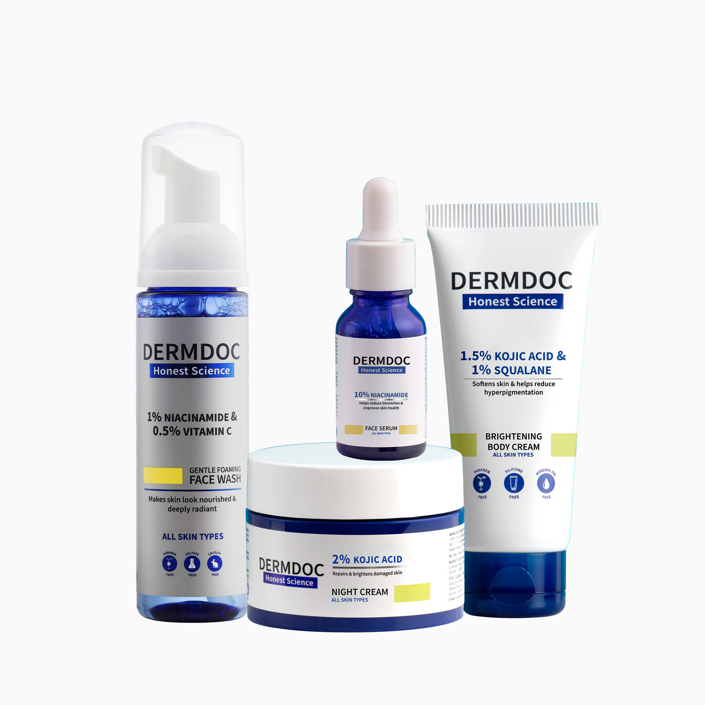 DERMDOC Combo Kit for Face & Body Glow | niacinamide serum, brightening face wash, brightening body cream, kojic acid night cream | pack of 4 | festive glow kit