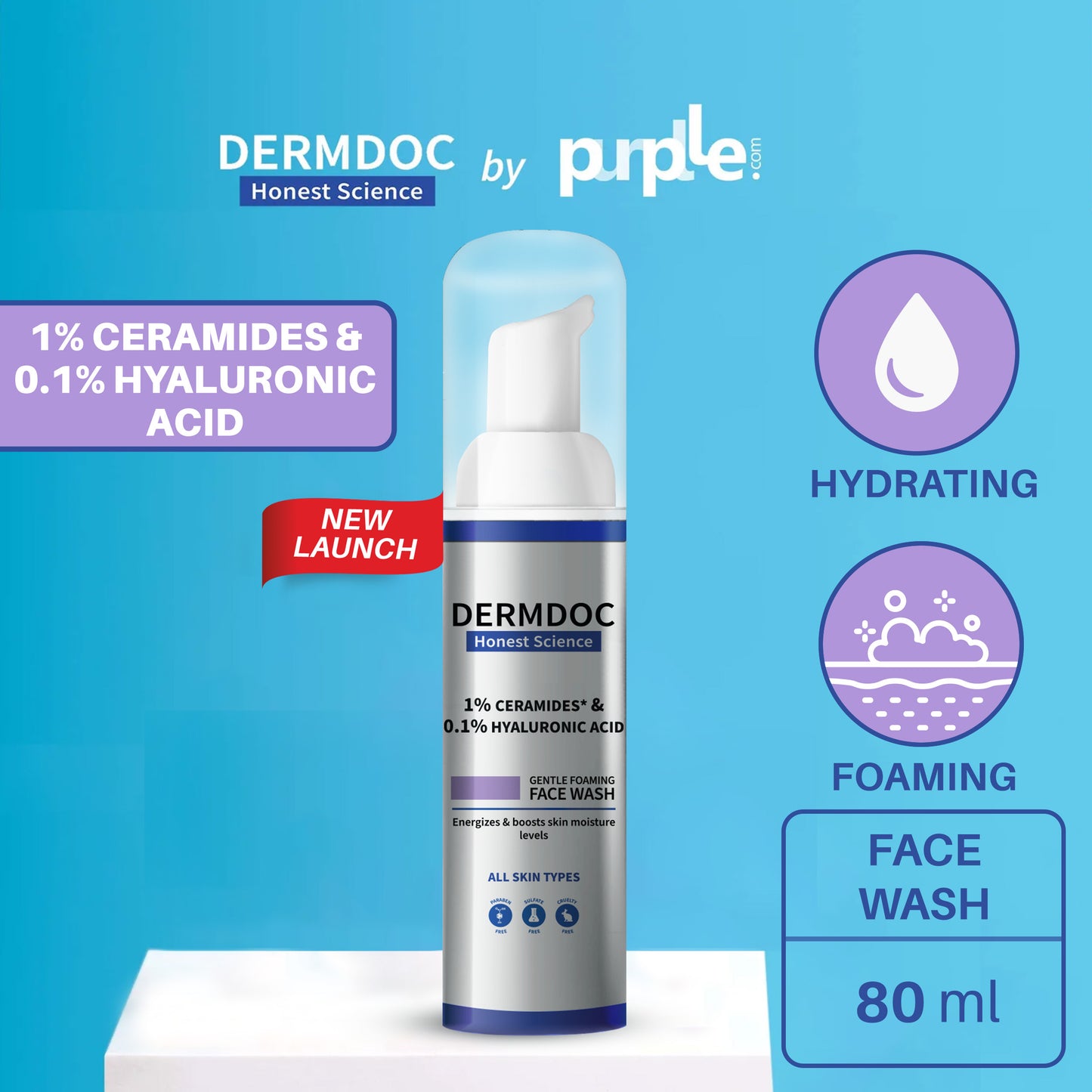 DERMDOC 1% Ceramides * & 0.1% Hyaluronic Acid Gentle Foaming Face Wash (80 ml)