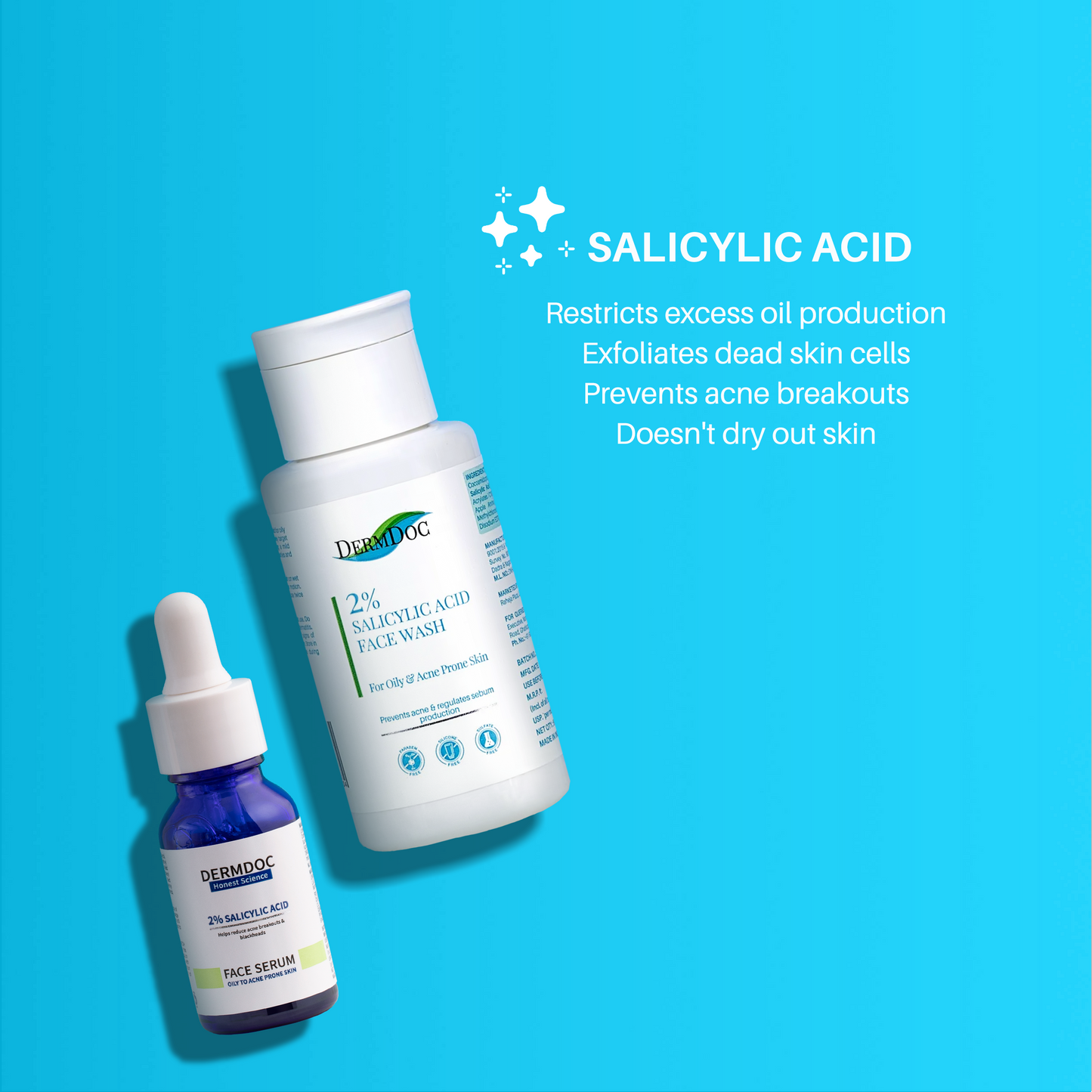 DERMDOC Goodbye Acne Combo | Salicylic Acid Face Serum (15 ml)| Salicylic acid face wash (60 ml)
