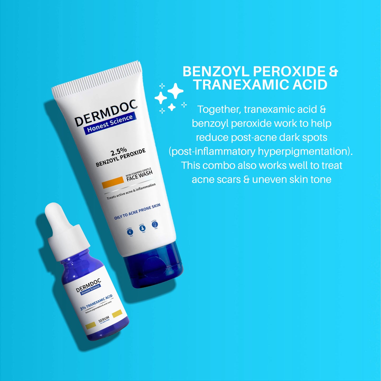 DERMDOC Combo Kit for Dark Spots Removal | benzoyl peroxide face wash | tranexamic acid serum