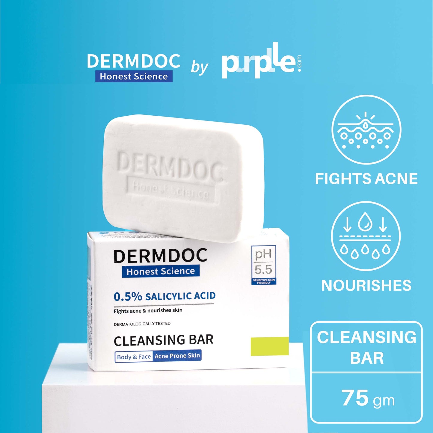 DermDoc 0.5% Salicylic Acid Cleansing Bar For Clear & Acne Free Skin (75g)